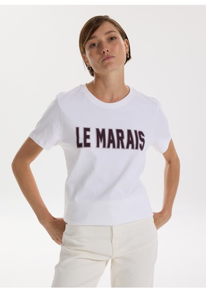 Bisiklet Yaka Baskılı Beyaz Kadın T-Shirt F5WL-TST0244