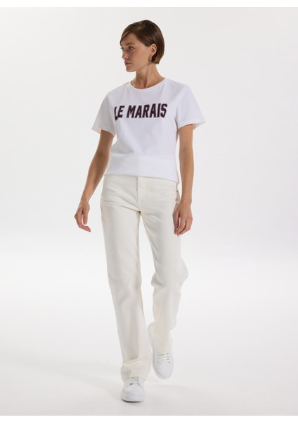 Bisiklet Yaka Baskılı Beyaz Kadın T-Shirt F5WL-TST0244 fırsatları