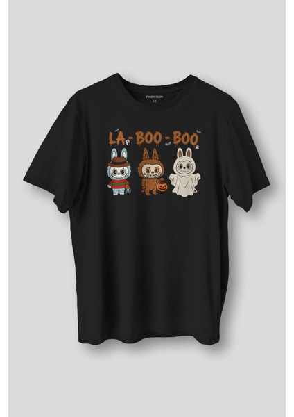 Halloween Labubu La Boo Boo Cadılar Bayramı Baskılı Unisex Tişört Sevimli Hayalet Siyah T-Shirt