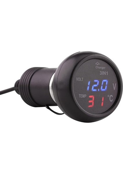 3 In 1 USB Araç Şarj Adaptörü, Çift LED Dijital Ekran Voltmetre Termometre Çakmak USB Araç Şarj (Mavi Kırmızı)