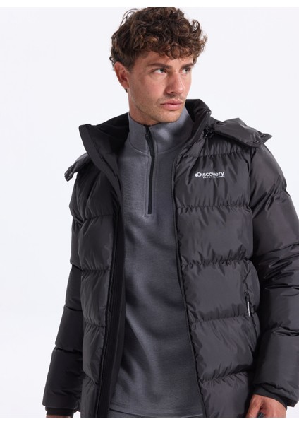 D5WM-MNT3642 Siyah Kapüşon Yaka Relaxed Düz Erkek Şişme Mont