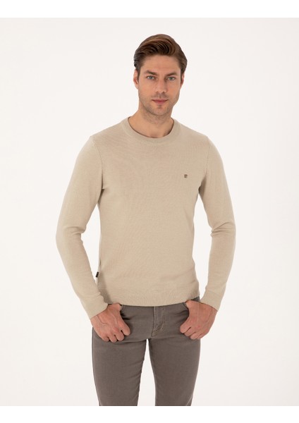 Erkek Kum Melanj Slim Fit Bisiklet Yaka Basic Triko Kazak 50314192-VR123