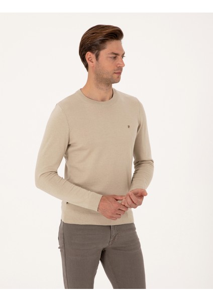 Erkek Kum Melanj Slim Fit Bisiklet Yaka Basic Triko Kazak 50314192-VR123 modelleri