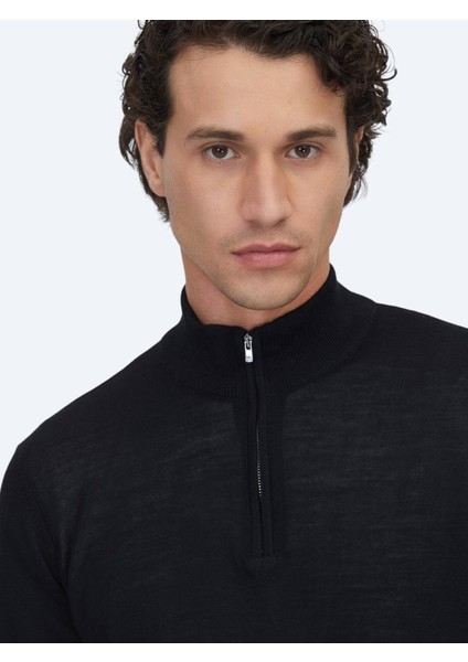 Siyah Bato Yaka Jakarlı Yün Karışımlı Triko Kazak fırsatları