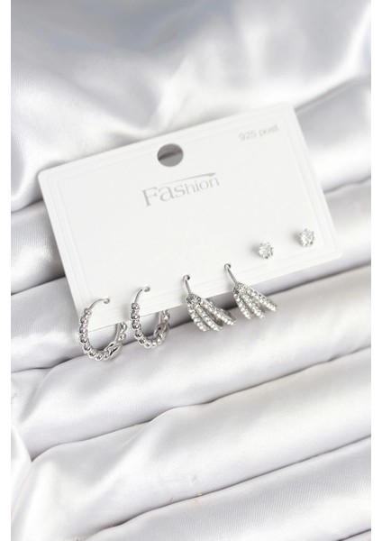 Bfs Pirinç Gümüş Renk Zirkon Taşlı 925 Gümüş Çivili Kadın Küpe Seti