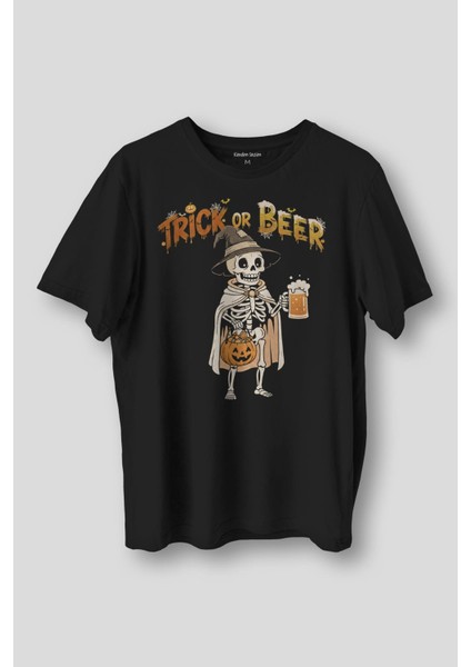 Trick Or Beer Funny Halloween Skeleton Cadılar Bayramı Baskılı Siyah Unisex Tişört Regular T-Shirt
