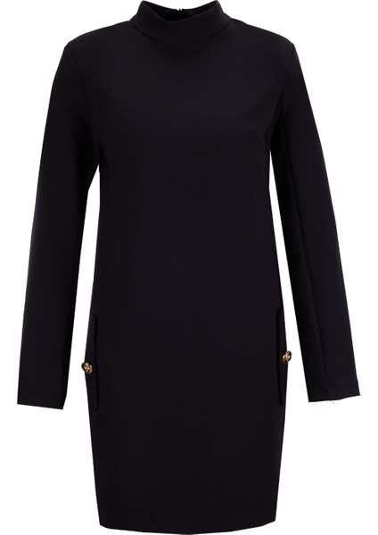 Dik Yaka Düz Siyah Mini Kadın Elbise F5WL-ELB0204 fiyatları