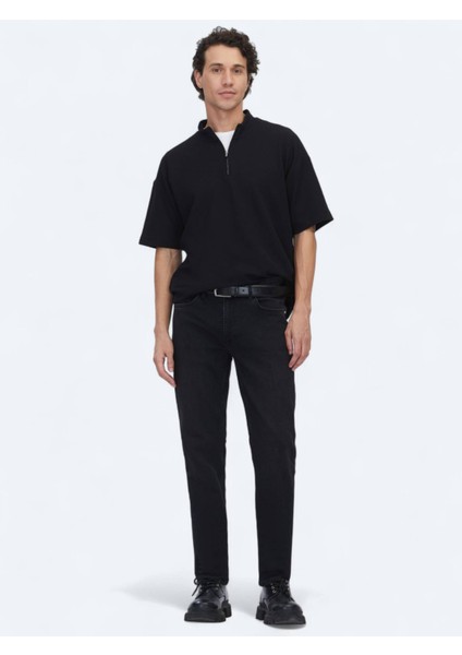 Siyah Slim Fit Denim Pamuk Karışımlı Pantolon