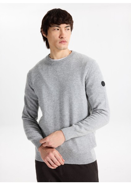 D5WM-KZK3771 Gri Melanj Bisiklet Yaka Relaxed Örgü Desenli Erkek Kazak