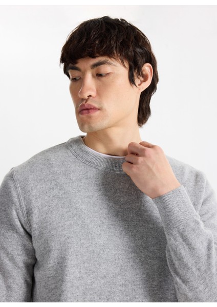 D5WM-KZK3771 Gri Melanj Bisiklet Yaka Relaxed Örgü Desenli Erkek Kazak modelleri