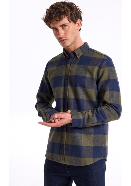 Regular Fit Düğmeli Yaka Ekose Haki Erkek Gömlek cm Ryan D 253.