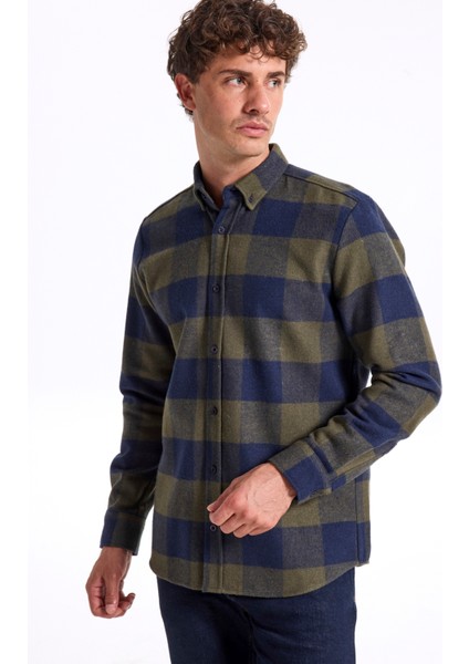 Regular Fit Düğmeli Yaka Ekose Haki Erkek Gömlek cm Ryan D 253. modelleri