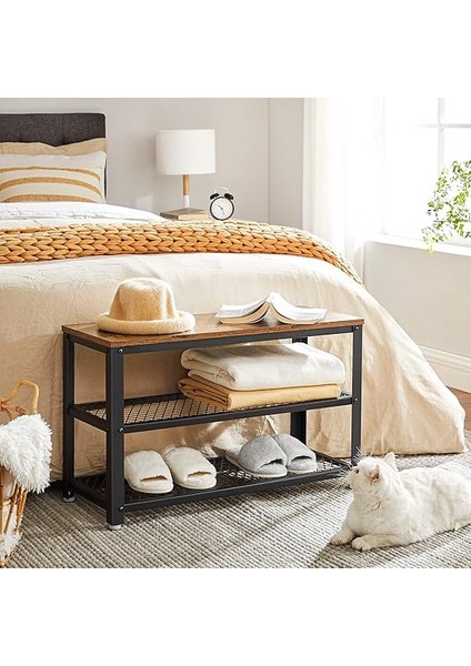 Ayakkabı Tezgahı, 2 Raflı Ayakkabılık, Ayakkabı Saklama Yeri, 73 x 30 x 45 Cm, Giriş Alanı Için, Koridor, Oturma Odası, Metal Çerçeve, Endüstriyel Tasarım, Eski Kahverengi-Siyah LBS73X fırsatları