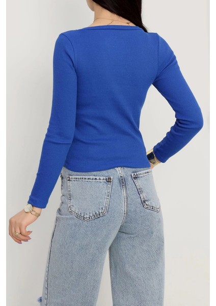 V Yaka Kaşkorse Bluz Saks Mavisi A3699