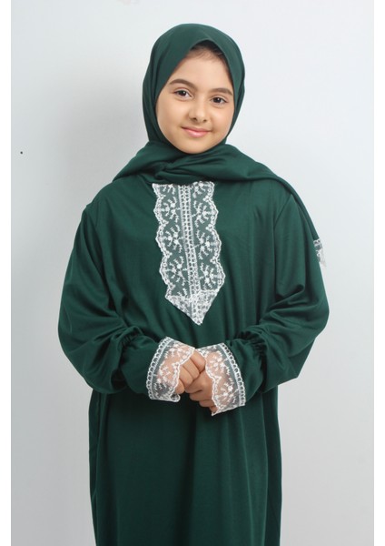 Kız Çocuk Düz Renk Dantelli Kendinden Kapşönlü Namaz Elbisesi indirimleri