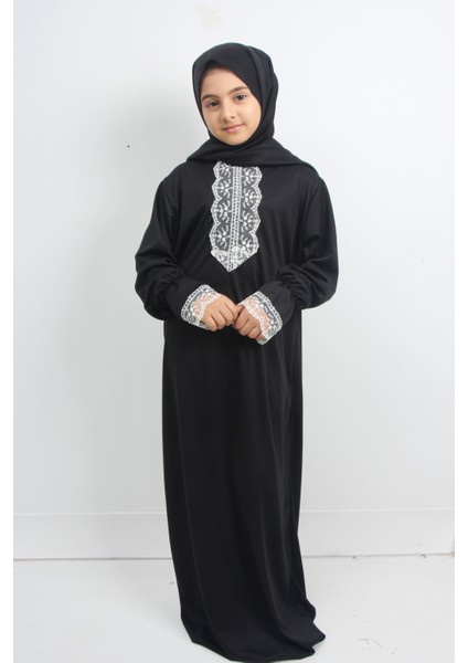 Kız Çocuk Düz Renk Dantelli Kendinden Kapşönlü Namaz Elbisesi modelleri