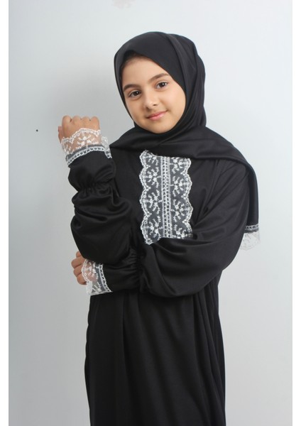 Kız Çocuk Düz Renk Dantelli Kendinden Kapşönlü Namaz Elbisesi indirimleri