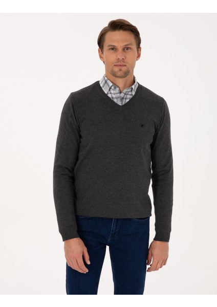 Erkek Antrasit Melanj Slim Fit V Yaka Basic Triko Kazak 50314190-VR081