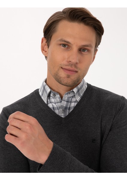 Erkek Antrasit Melanj Slim Fit V Yaka Basic Triko Kazak 50314190-VR081 fiyatları