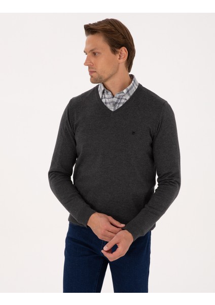 Erkek Antrasit Melanj Slim Fit V Yaka Basic Triko Kazak 50314190-VR081 modelleri