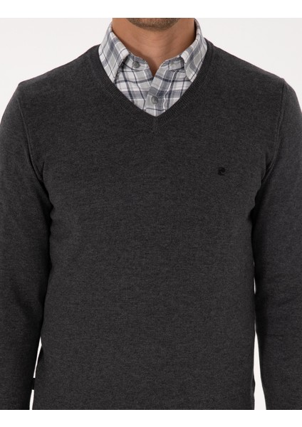 Erkek Antrasit Melanj Slim Fit V Yaka Basic Triko Kazak 50314190-VR081