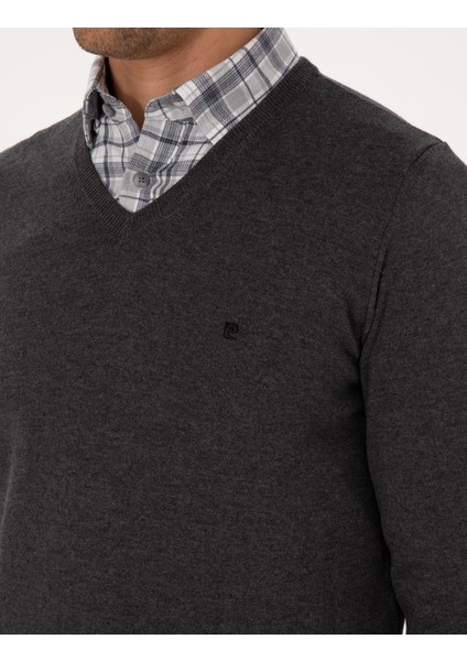 Erkek Antrasit Melanj Slim Fit V Yaka Basic Triko Kazak 50314190-VR081