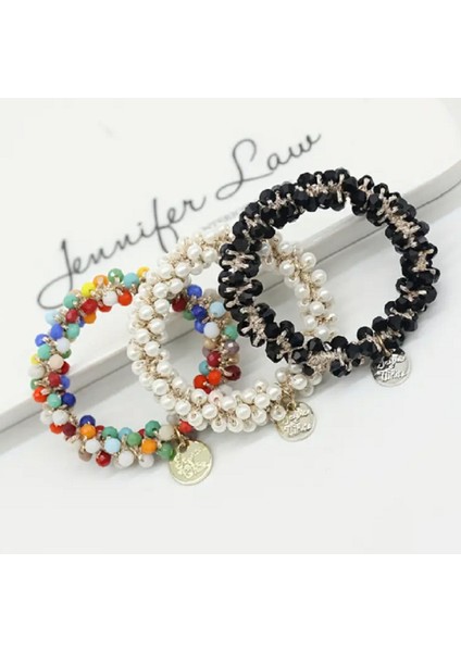 Üçlü Siyah ve Renkli Kristal Taşlı Lastik Toka