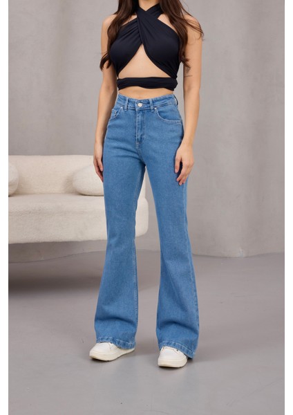 Kadın Yüksek Bel Likralı Ispanyol Paça Jeans