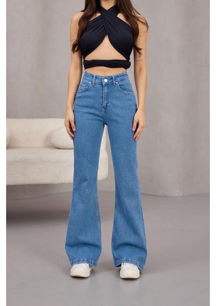 Kadın Yüksek Bel Likralı Ispanyol Paça Jeans