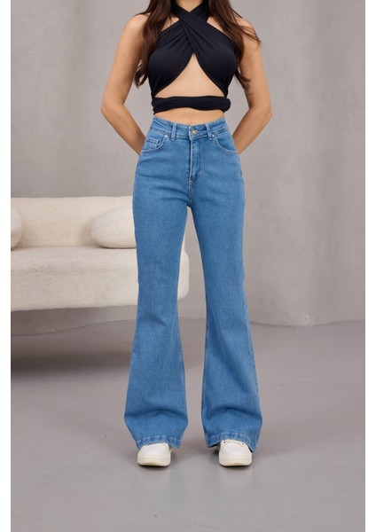 Kadın Yüksek Bel Likralı Ispanyol Paça Jeans