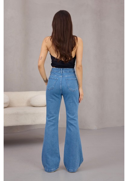 Kadın Yüksek Bel Likralı Ispanyol Paça Jeans