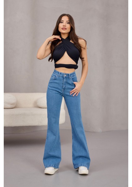 Kadın Yüksek Bel Likralı Ispanyol Paça Jeans