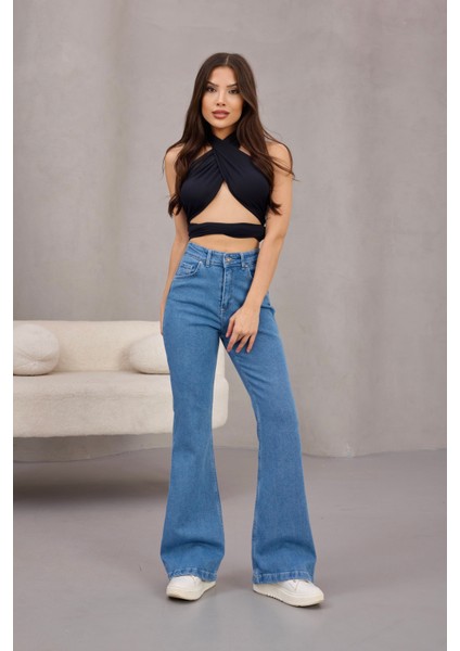 Kadın Yüksek Bel Likralı Ispanyol Paça Jeans