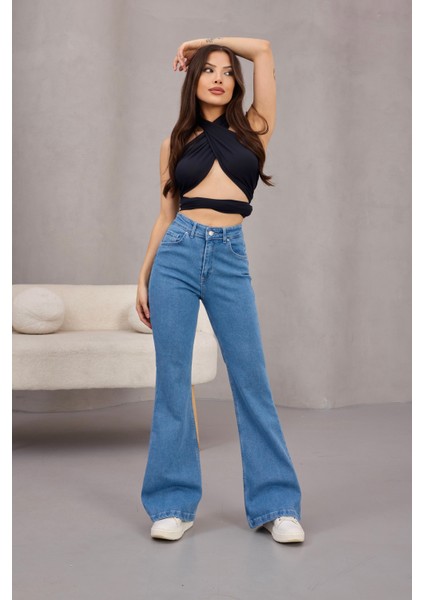 Kadın Yüksek Bel Likralı Ispanyol Paça Jeans