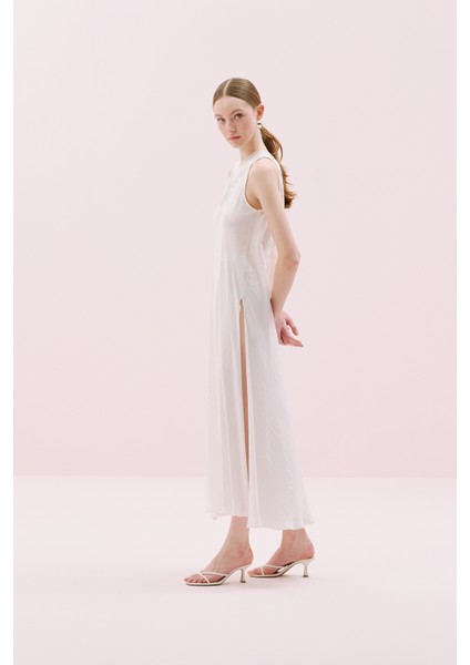 Yırtmaçlı Maksi Boy Saten Tunik Ekru Y2413315_049