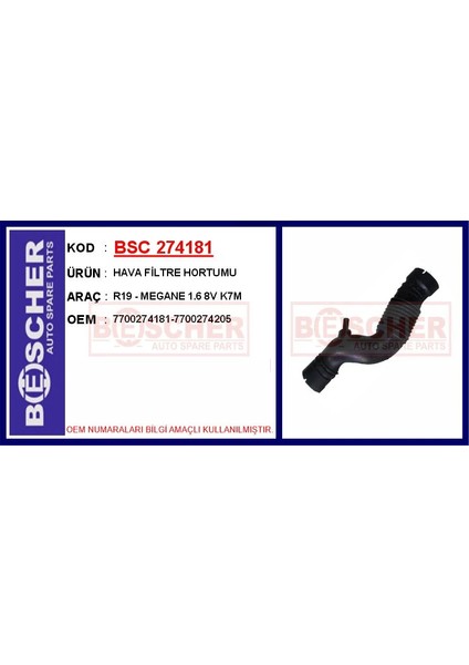 HAVA FİLTRE HORTUMU R19 - MEGANE 1.6 85 K7M 7700274181 7700274205