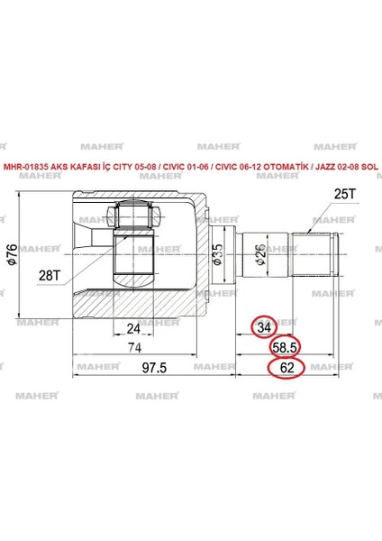 AKS KAFASI İÇ CITY 2005-2008 / CIVIC 2001-2006 / CIVIC 2006-2012 OTOMATİK-MANUEL / JAZZ 2002-2008 SOL 2510281035102610159,5MM 44310 S5A 300