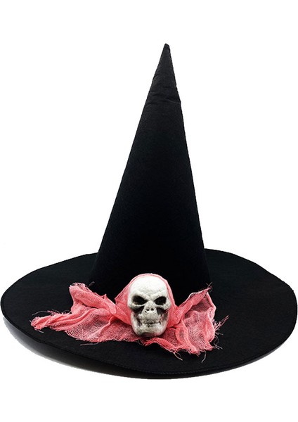 Siyah Renk Pembe Duvaklı Kuru Kafa Temalı Cadı Şapkası 35X38 cm fiyatları