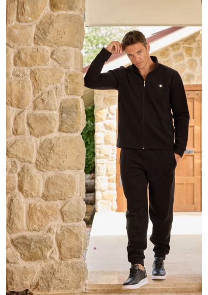Erkek Polar Fermuarlı Siyah Pijama Takımı
