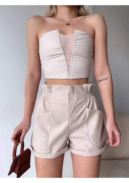 Tüllü Deri Crop Bej W24615 modelleri