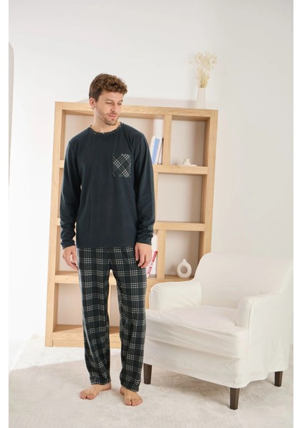 Erkek Uzun Kollu Kareli Cepli Kışlık Antrasit Pijama Takımı