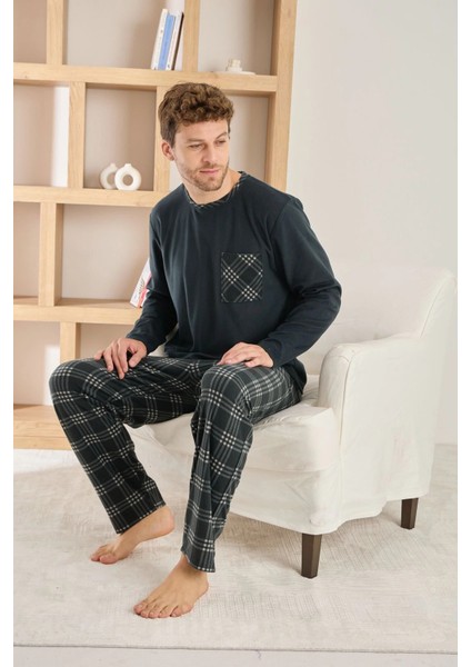 Erkek Uzun Kollu Kareli Cepli Kışlık Antrasit Pijama Takımı fiyatları
