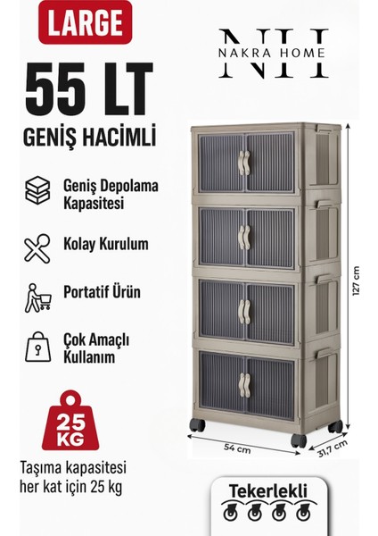 Katlanabilir 4 Katlı Tekerlekli Plastik Dolap – Çok Amaçlı Portatif Organizer (Geniş Hacim) “Toprak”