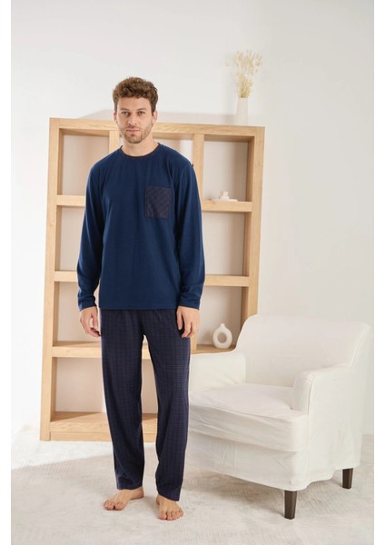 Erkek Uzun Kollu Kareli Cepli Kışlık Lacivert Pijama Takımı