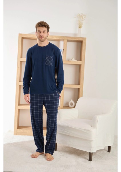 Erkek Uzun Kollu Kareli Cepli Kışlık Lacivert Pijama Takımı fiyatları