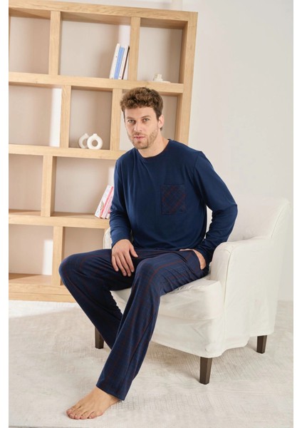Erkek Uzun Kollu Kareli Cepli Kışlık Lacivert Pijama Takımı modelleri