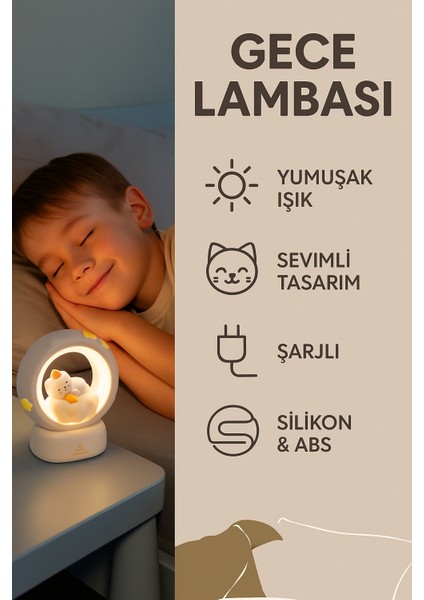 Kedi & Ay Model Dokunmatik Gece Lambası – Şarjlı, Yumuşak Işık, Çocuk Odası Dekoru