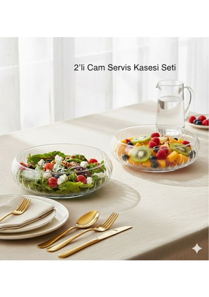 2'li Lüx Cam Servis Kasesi Seti | Büyük Boy Salata Makarna Sunum Kasesi | Dekoratif Sofra