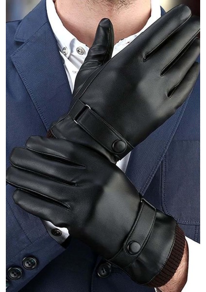 Deri Siyah Düz Lüks Erkek Ithal Dokunmatik Ekran Uyumlu Eldiven