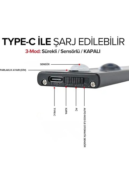 Sensörlü Ledli Gece Lambası, Parlaklık Ayarı Yapılabilir, 3000K-6000K, 3 Mod, Kablosuz, Merdiven Aydınlatması, USB Şarj Edilebilir Işık, LED Manyetik Lamba (Akasya - Siyah 40 Cm) modelleri